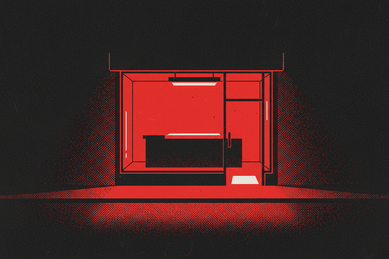 Red and black halftone illustration: a small glass storefront seen from the empty street at night, one interior light on above a bare counter (TheNotificationApp)