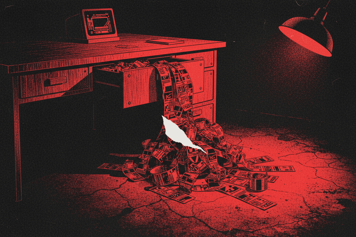 Red and black halftone illustration: a coil of printed paper tape spilling out of a half-open desk drawer onto a dark floor (TheNotificationApp)