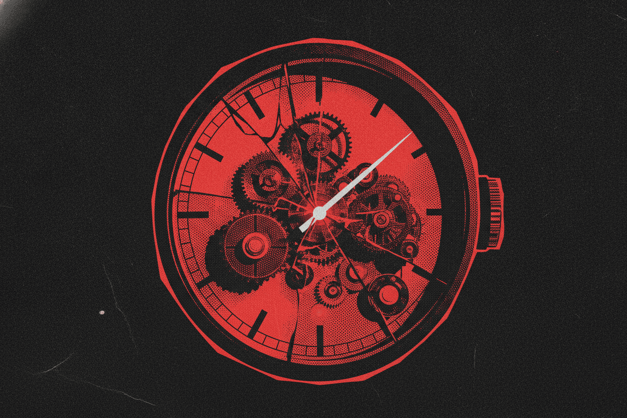 Red and black halftone illustration: a wall-mounted industrial timer clock with its gear train exposed behind cracked glass (TheNotificationApp)
