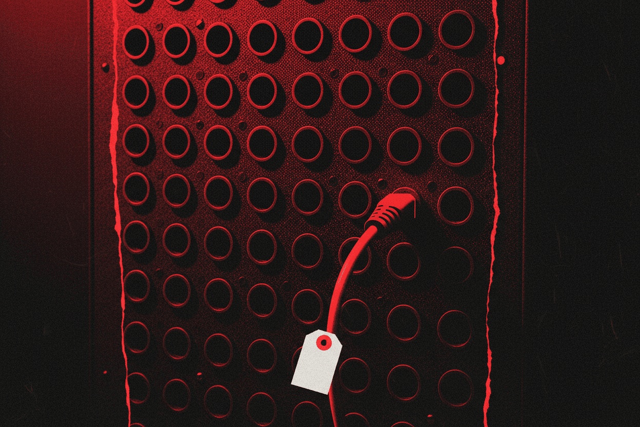 Red and black halftone illustration: a dense patch panel of dark ports with exactly one cable plugged in, the rest empty (TheNotificationApp)