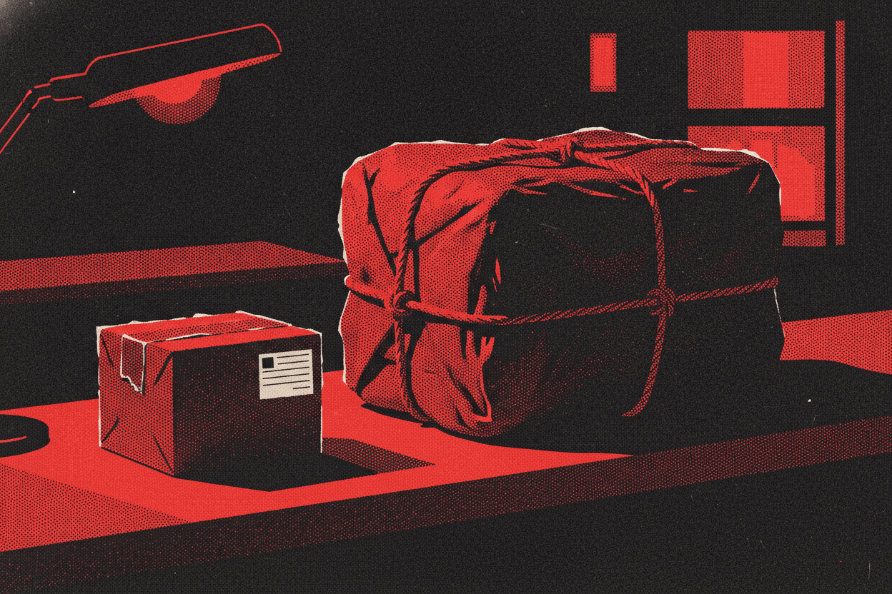 Red and black halftone illustration: two postal parcels on a bare counter, one small and neat, one oversized and over-wrapped with string (TheNotificationApp)