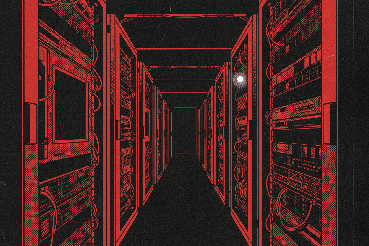 Red and black halftone illustration: a dark aisle between two server racks, one blank gap where a unit has been pulled out (TheNotificationApp)