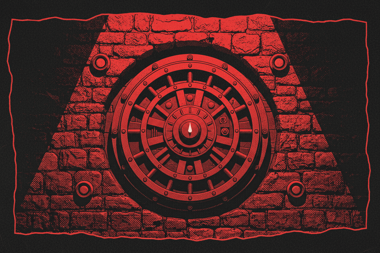 Red and black halftone illustration: a heavy round vault door set into a stone facade, seen straight on, hard alpine light falling from above (TheNotificationApp)