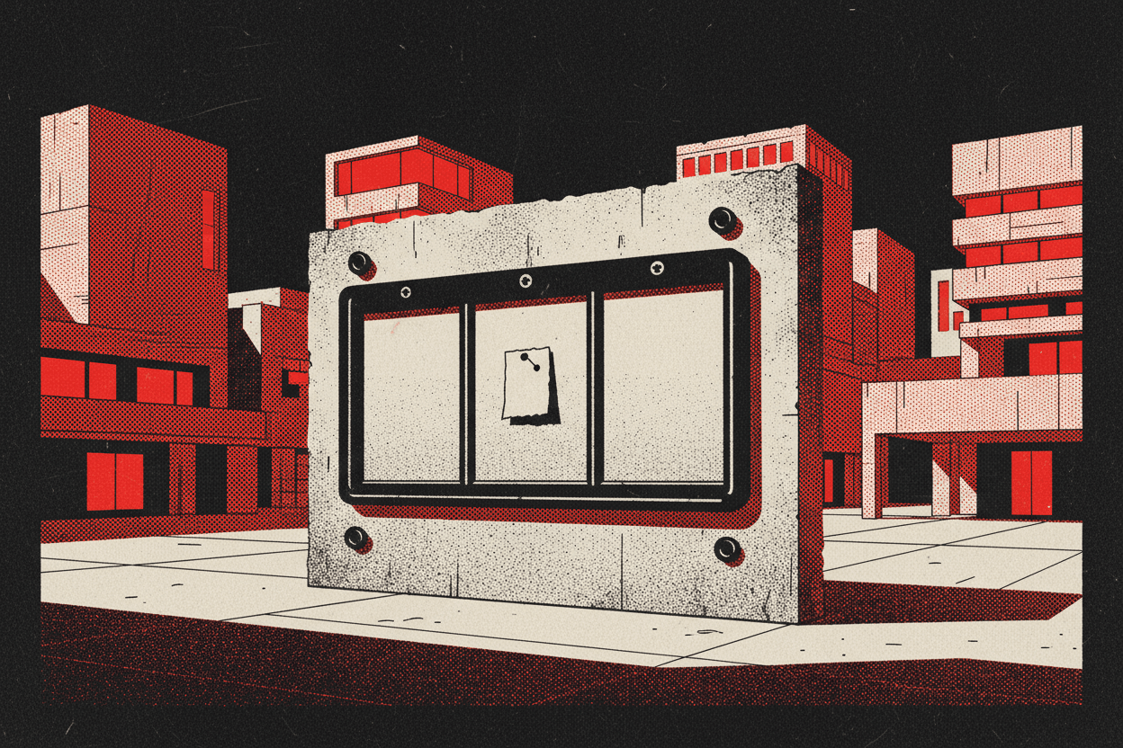 Red and black halftone illustration: a public notice board bolted to a concrete wall in an empty square, its panels bare (TheNotificationApp)