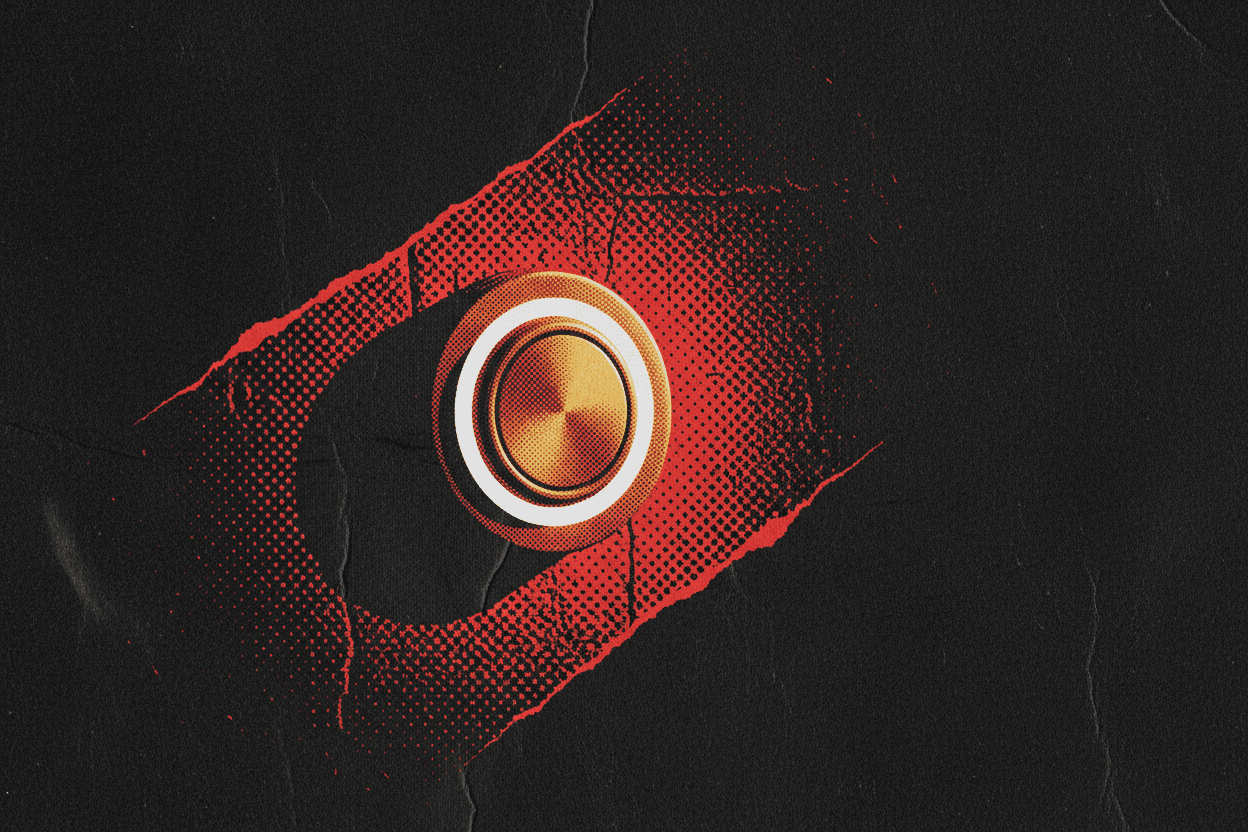 Red and black halftone illustration: a brass doorbell button on a plain rendered wall, nothing else (TheNotificationApp)