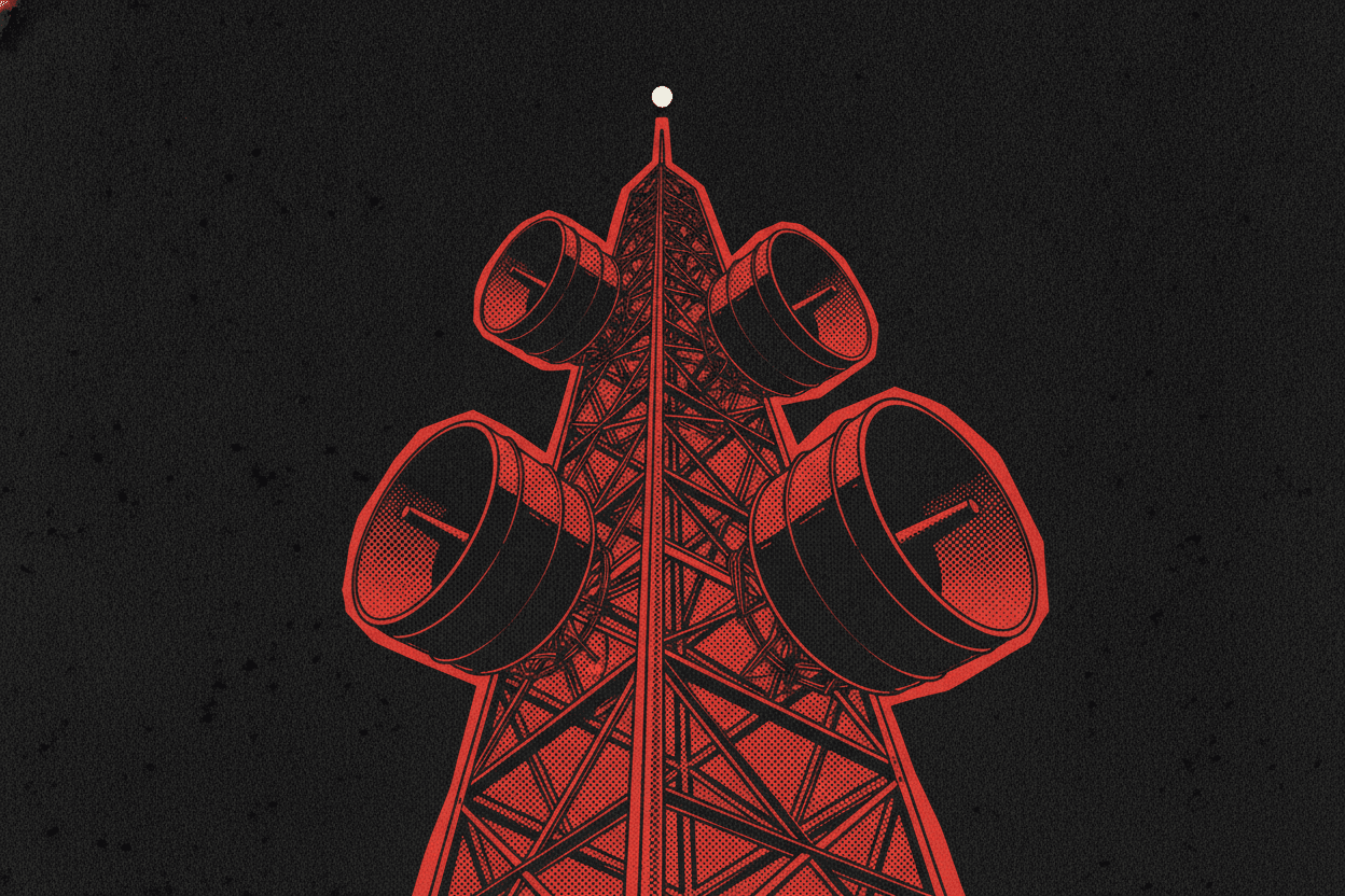 Red and black halftone illustration: a microwave relay tower against a night sky, three drum dishes at different heights (TheNotificationApp)