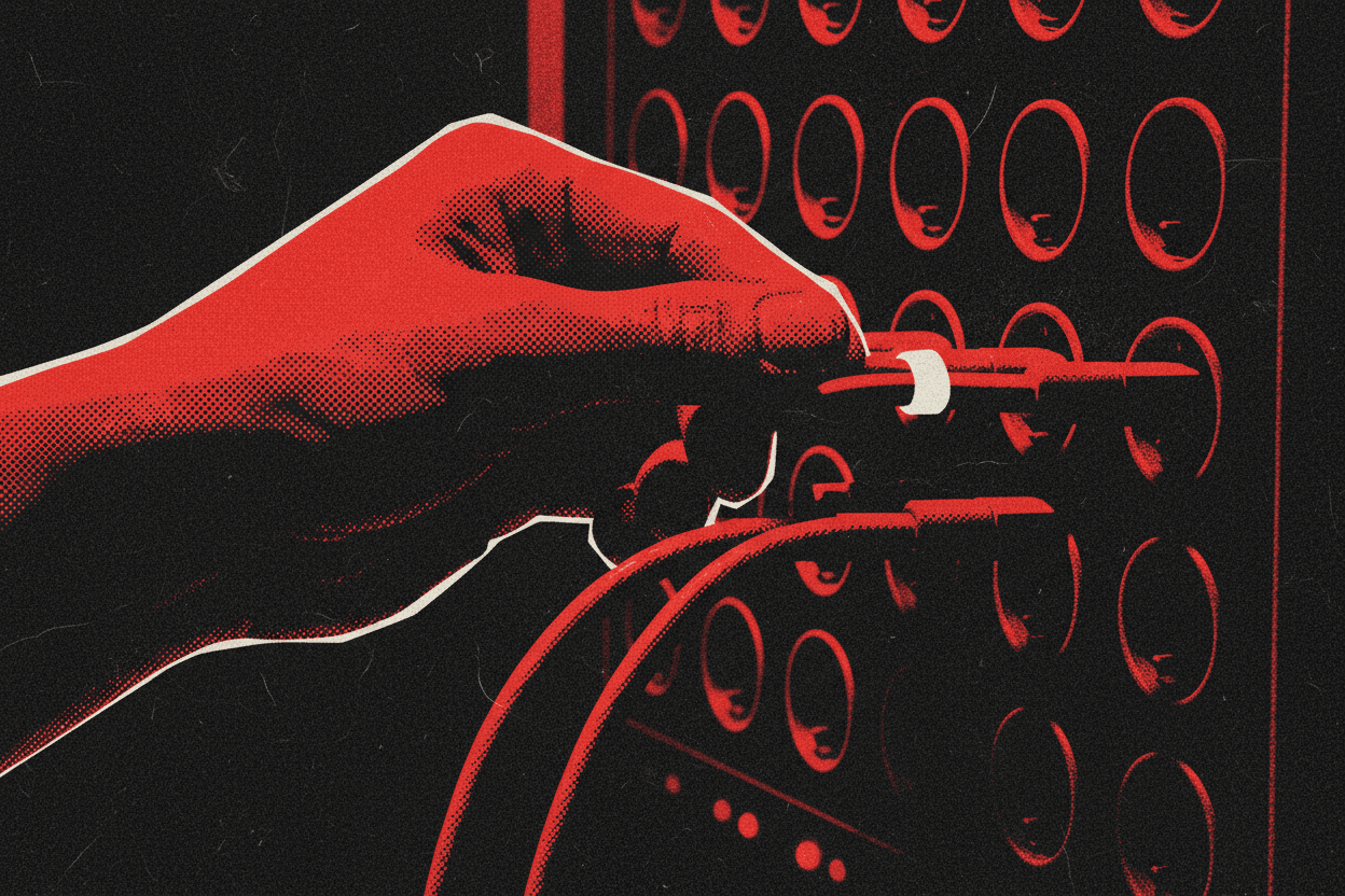 Red and black halftone illustration: a hand pushing two patch cables into a plugboard of dark sockets, no tools anywhere (TheNotificationApp)