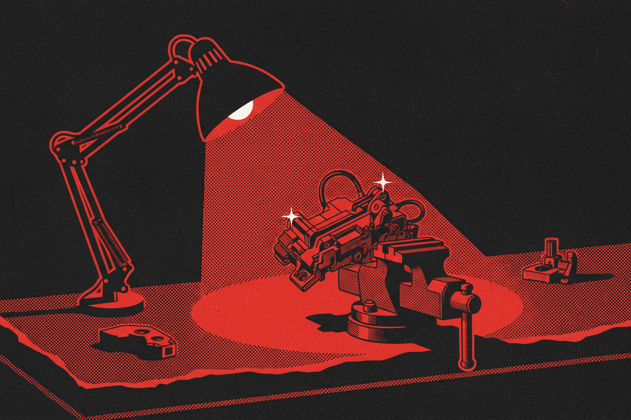Red and black halftone illustration: an empty workshop bench at night, one task light on, a single finished part still clamped in the vise (TheNotificationApp)