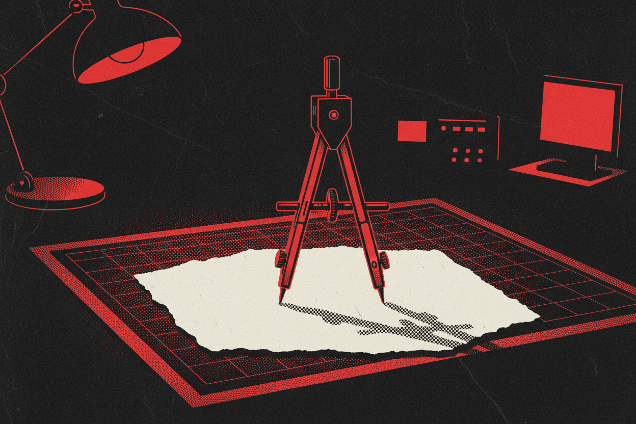 Red and black halftone illustration: a drafting compass standing point-down on a blank sheet of paper on a dark drawing board (TheNotificationApp)