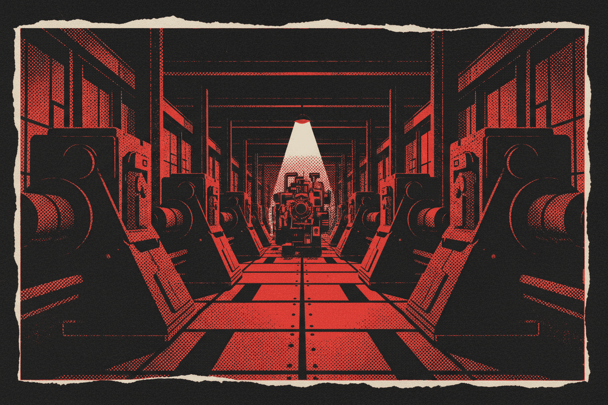 Red and black halftone illustration: a long dark factory floor at night with one machine still running at the far end, everything nearer switched off (TheNotificationApp)
