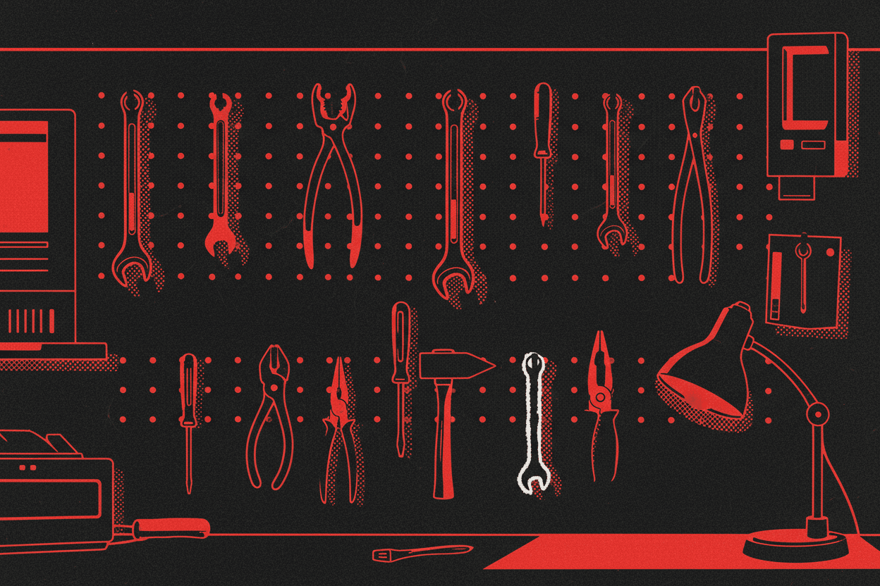 Red and black halftone illustration: a pegboard wall hung with tools, one hook empty (TheNotificationApp)