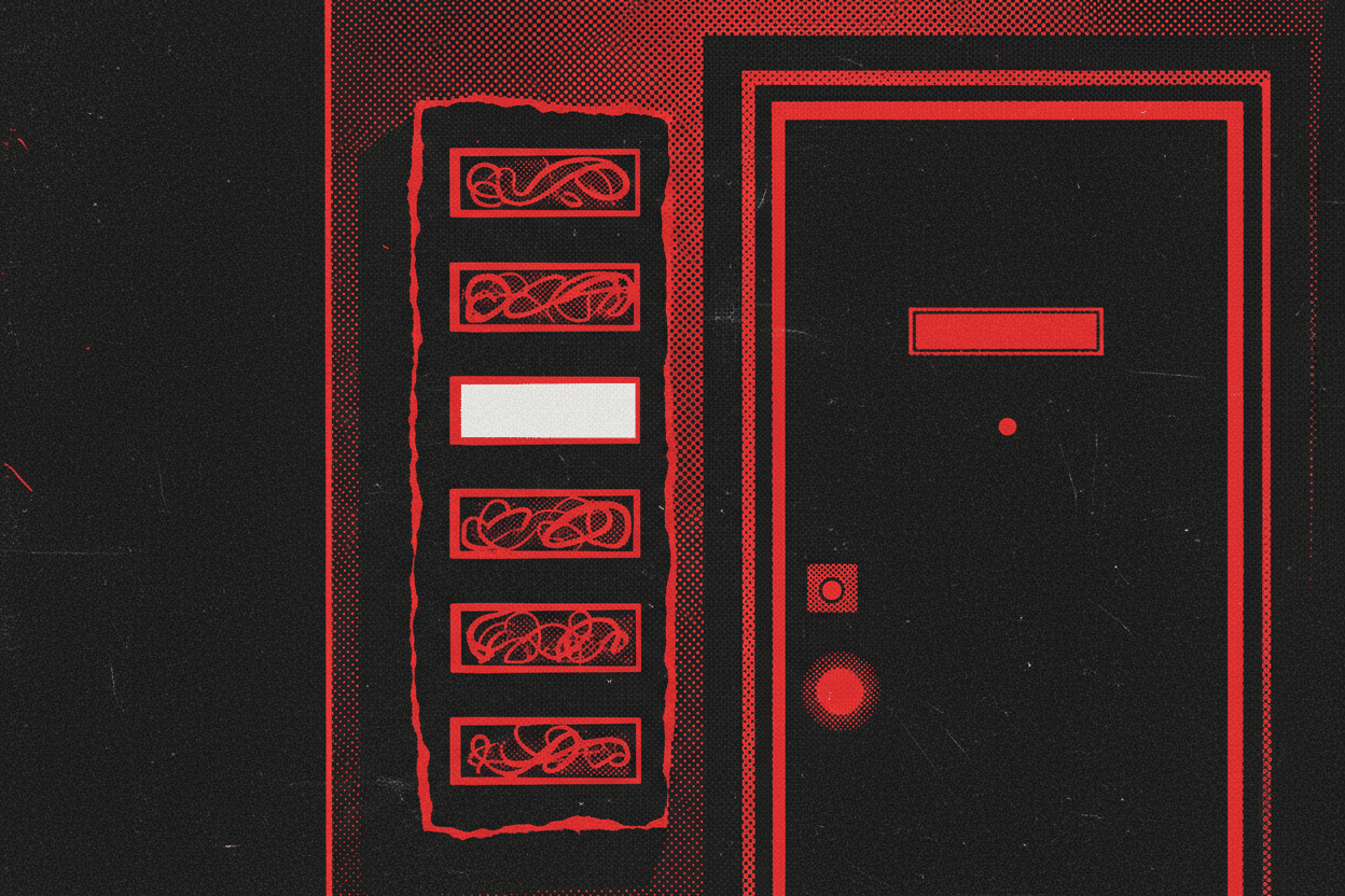 Red and black halftone illustration: a column of identical intercom buzzers beside an apartment door, every nameplate filled except one (TheNotificationApp)