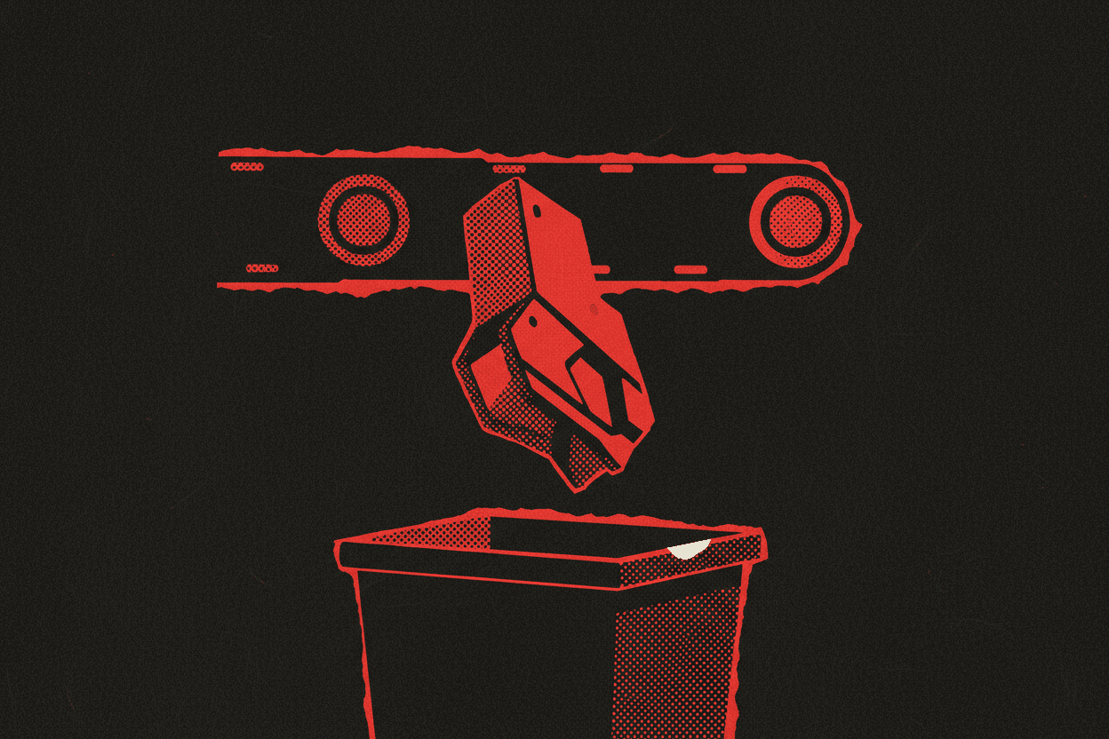 Red and black halftone illustration: the end of a conveyor line where a finished part is dropping into an otherwise empty bin (TheNotificationApp)