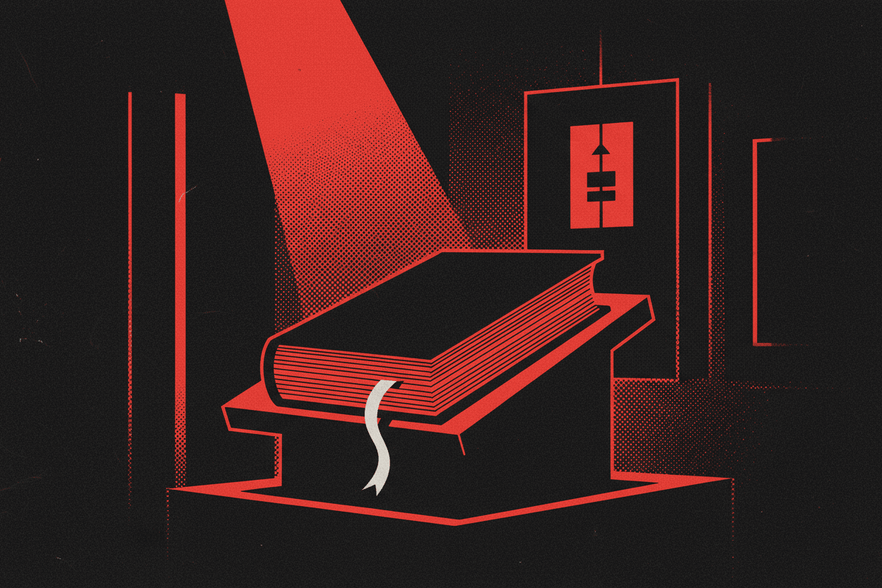 Red and black halftone illustration: a thick bound manuscript lying closed on a lectern in a dark room (TheNotificationApp)