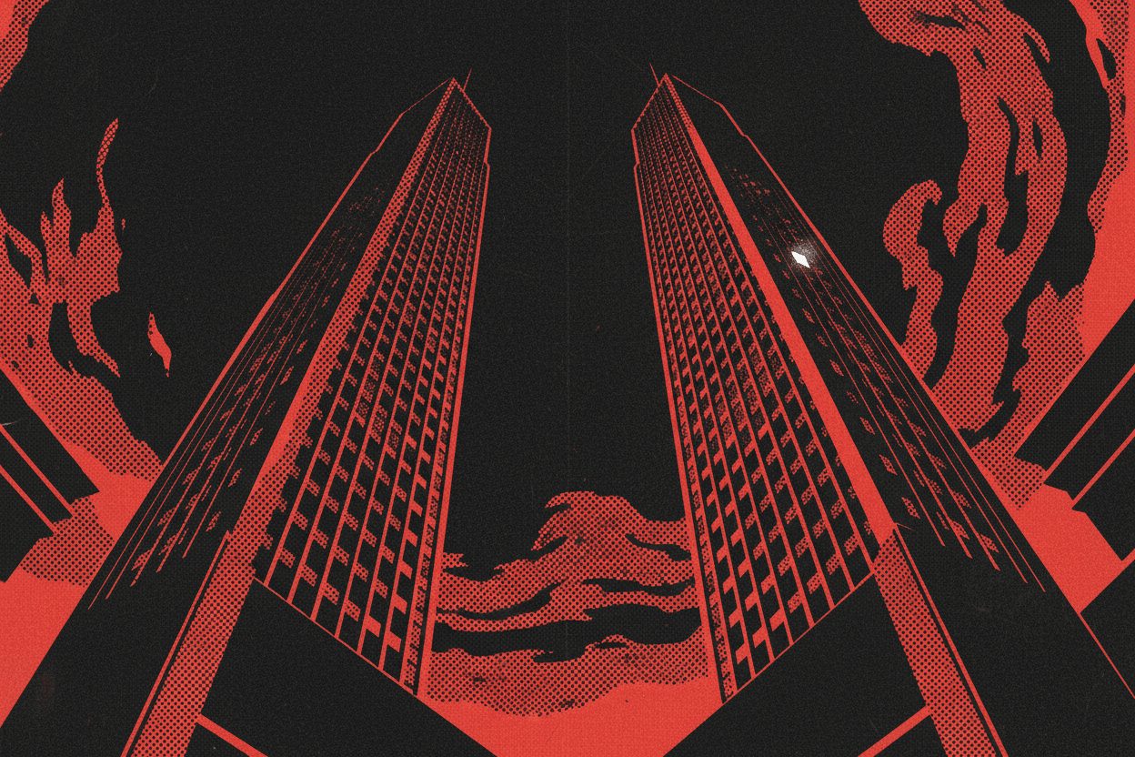 Red and black halftone illustration: twin identical towers seen from directly below against a night sky, one single window lit near the top (TheNotificationApp)