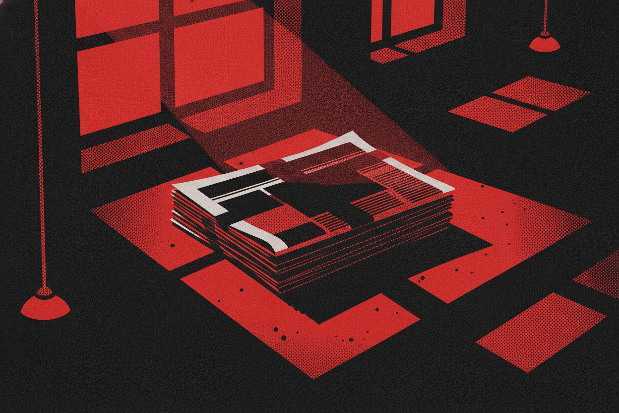 Red and black halftone illustration: a stack of newspapers on a doorstep at dawn, the top one still folded and unopened (TheNotificationApp)