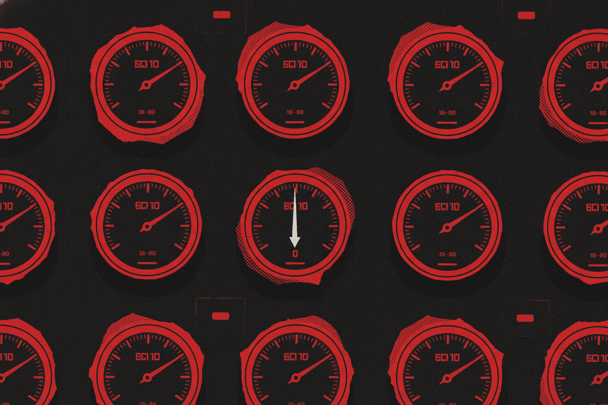 Red and black halftone illustration: a wall of identical analogue pressure gauges, every needle steady except one dropped to zero (TheNotificationApp)