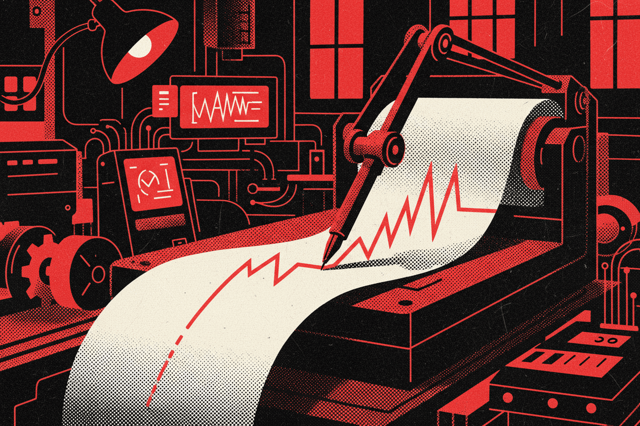 Red and black halftone illustration: a strip-chart recorder drawing a jagged line onto rolling paper, pen arm mid-stroke (TheNotificationApp)