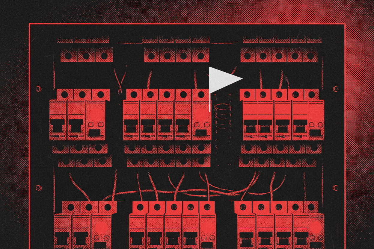 Red and black halftone illustration: a dense bank of circuit breakers in a steel panel, one breaker tripped down out of line (TheNotificationApp)