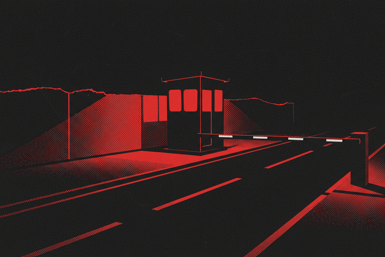 Red and black halftone illustration: a guard box at an empty gate at night, light on inside, the barrier arm lowered across the road (TheNotificationApp)