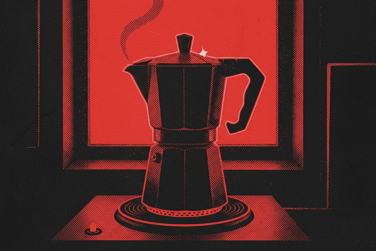 Red and black halftone illustration: a stovetop coffee pot on a dark burner, steam rising in a thin column (TheNotificationApp)