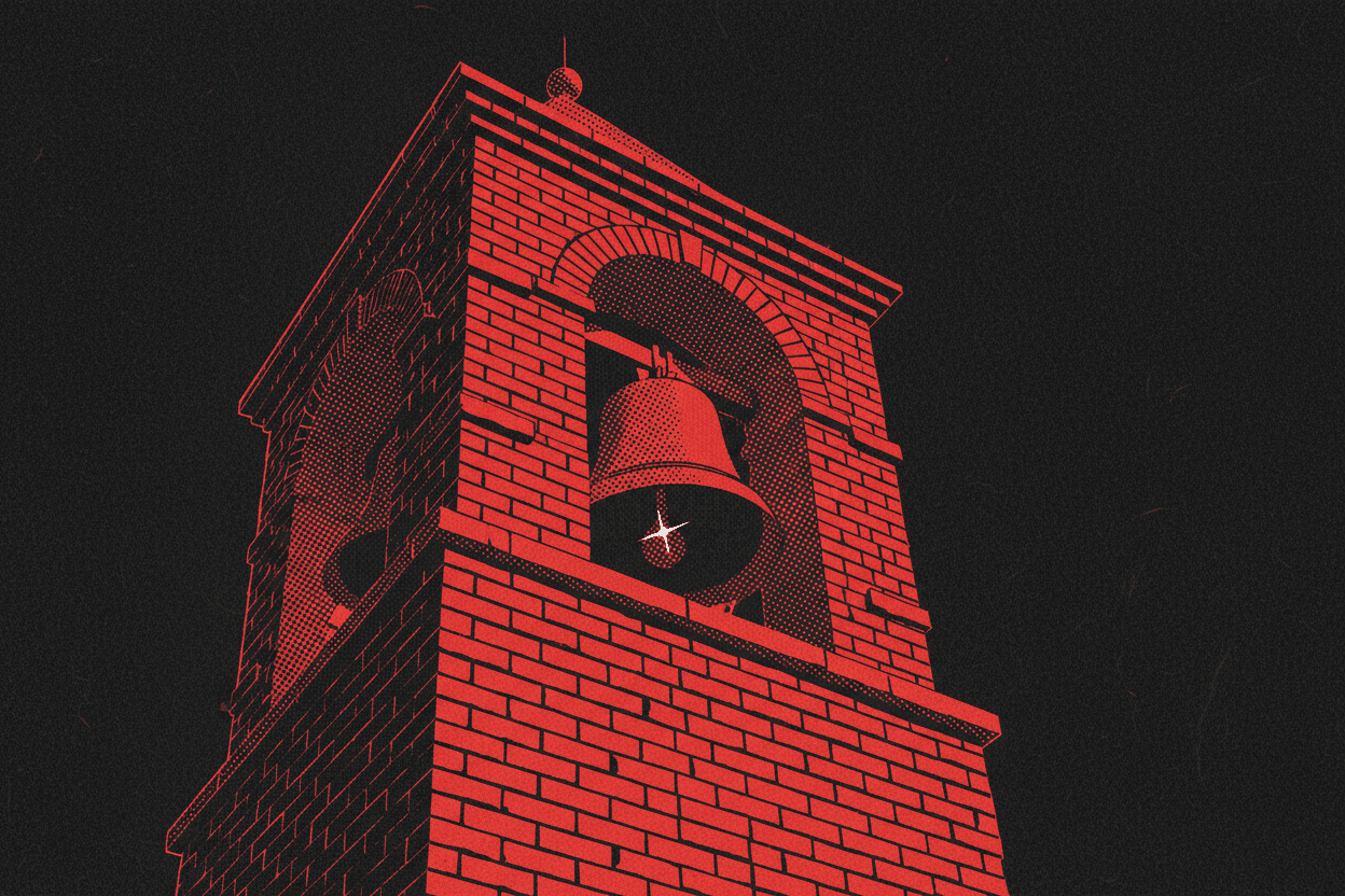 Red and black halftone illustration: a bell tower on a plain brick facade, one bell visible in the open arch (TheNotificationApp)