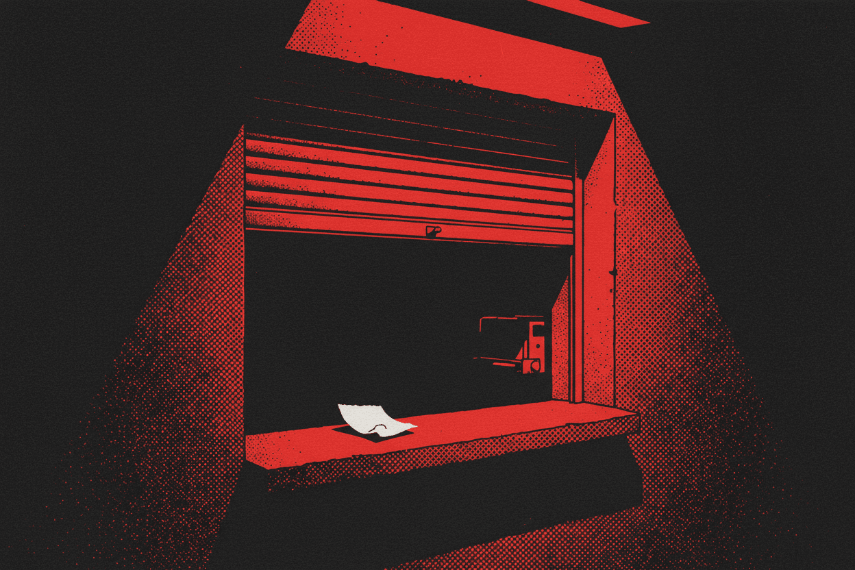 Red and black halftone illustration: a service window in a plain wall, its shutter half raised on darkness behind (TheNotificationApp)