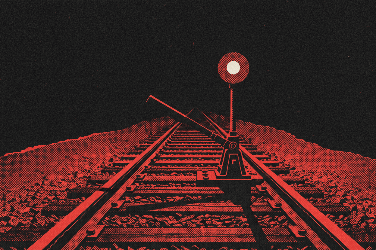 Red and black halftone illustration: a rail yard at night, a single switch stand thrown hard against the line while the tracks run on past (TheNotificationApp)
