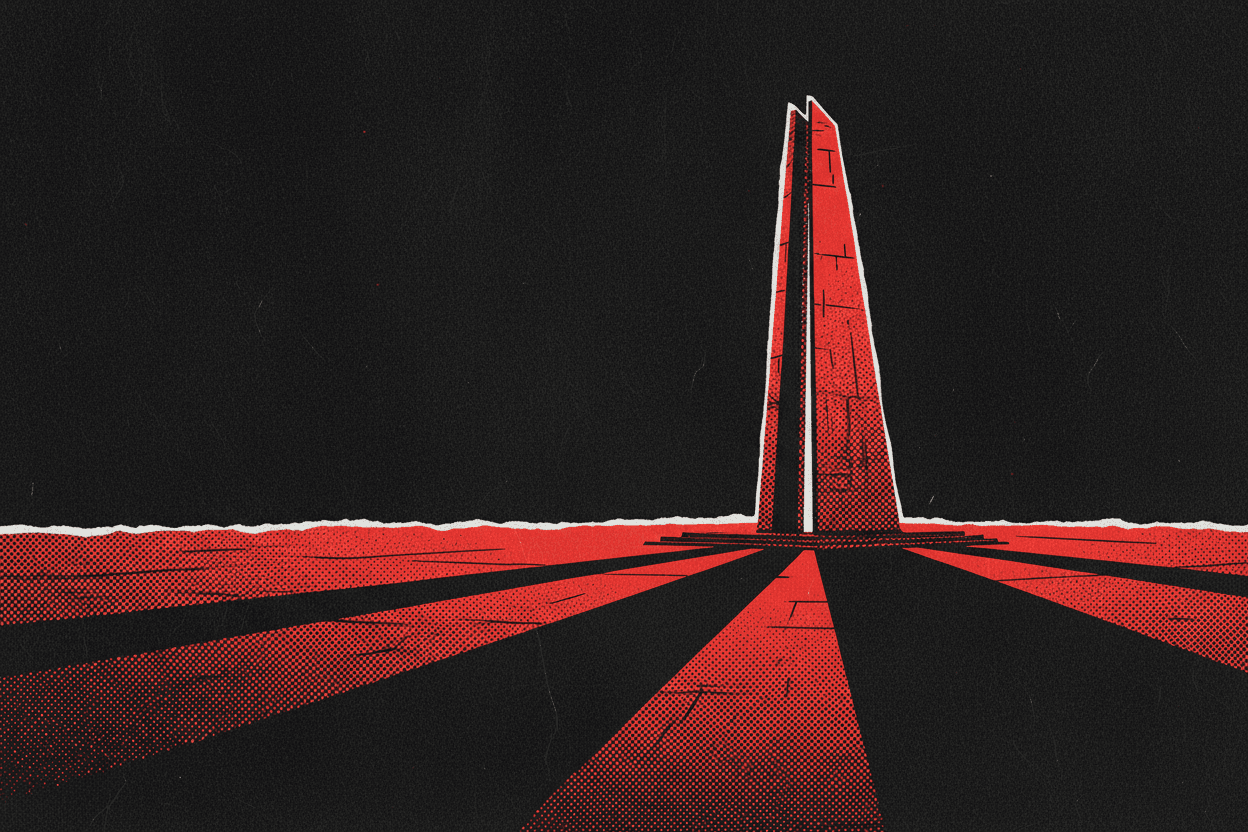 Red and black halftone illustration: a sharp triangular concrete monument at the edge of a dark empty plaza, lit hard from below (TheNotificationApp)