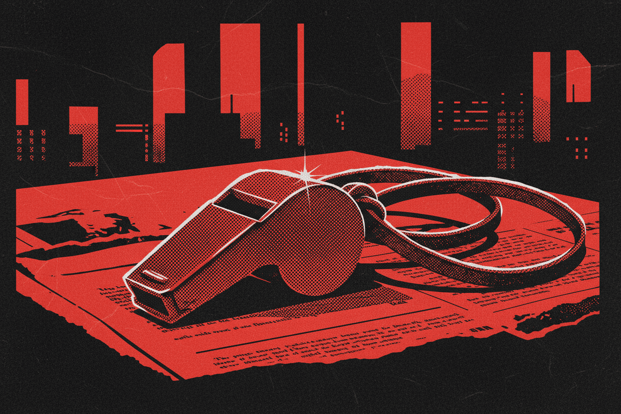 Red and black halftone illustration: a metal whistle on a leather cord lying on a dark table (TheNotificationApp)
