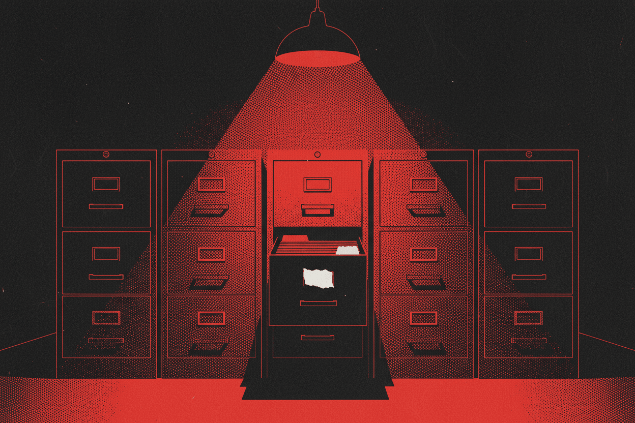 Red and black halftone illustration: five identical filing cabinets in a row in a dim room, one drawer pulled fully open (TheNotificationApp)