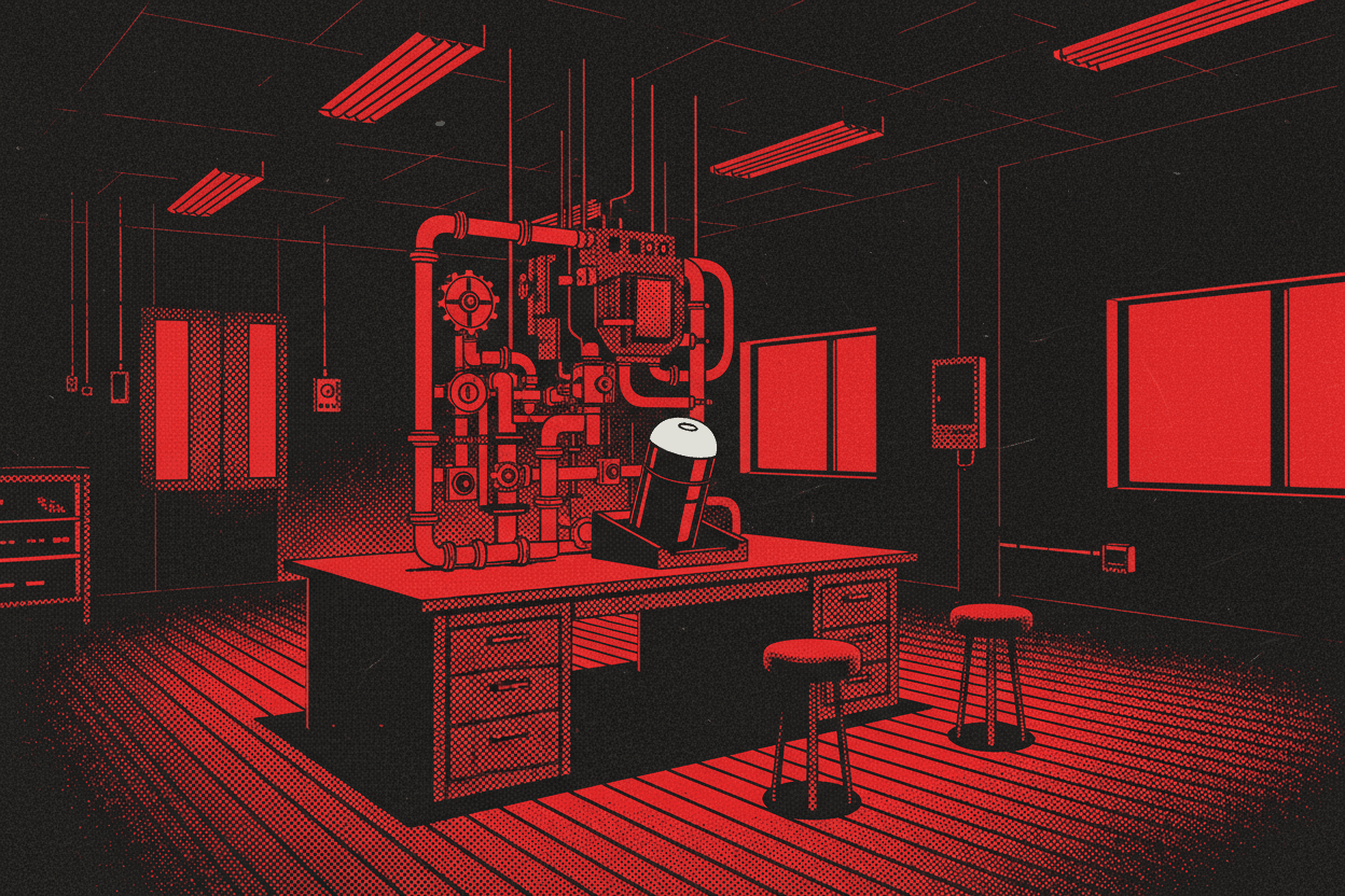 Red and black halftone illustration: a pneumatic tube station in an empty mailroom, one carrier capsule resting in the receiving tray (TheNotificationApp)