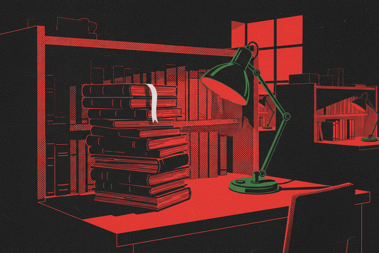 Red and black halftone illustration: a library carrel with a tall stack of closed books and a green reading lamp switched on (TheNotificationApp)