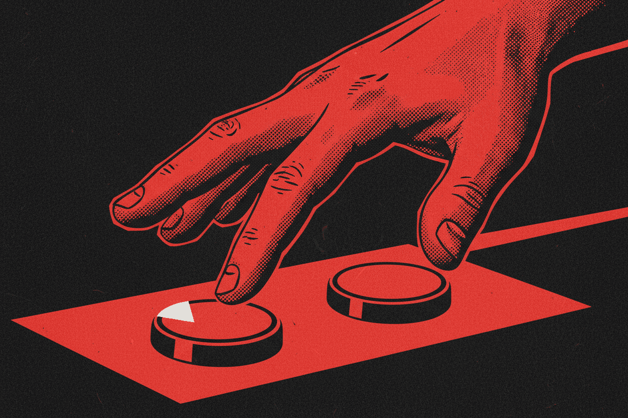 Red and black halftone illustration: a hand hovering just above two unmarked buttons on a console, not yet pressing either (TheNotificationApp)