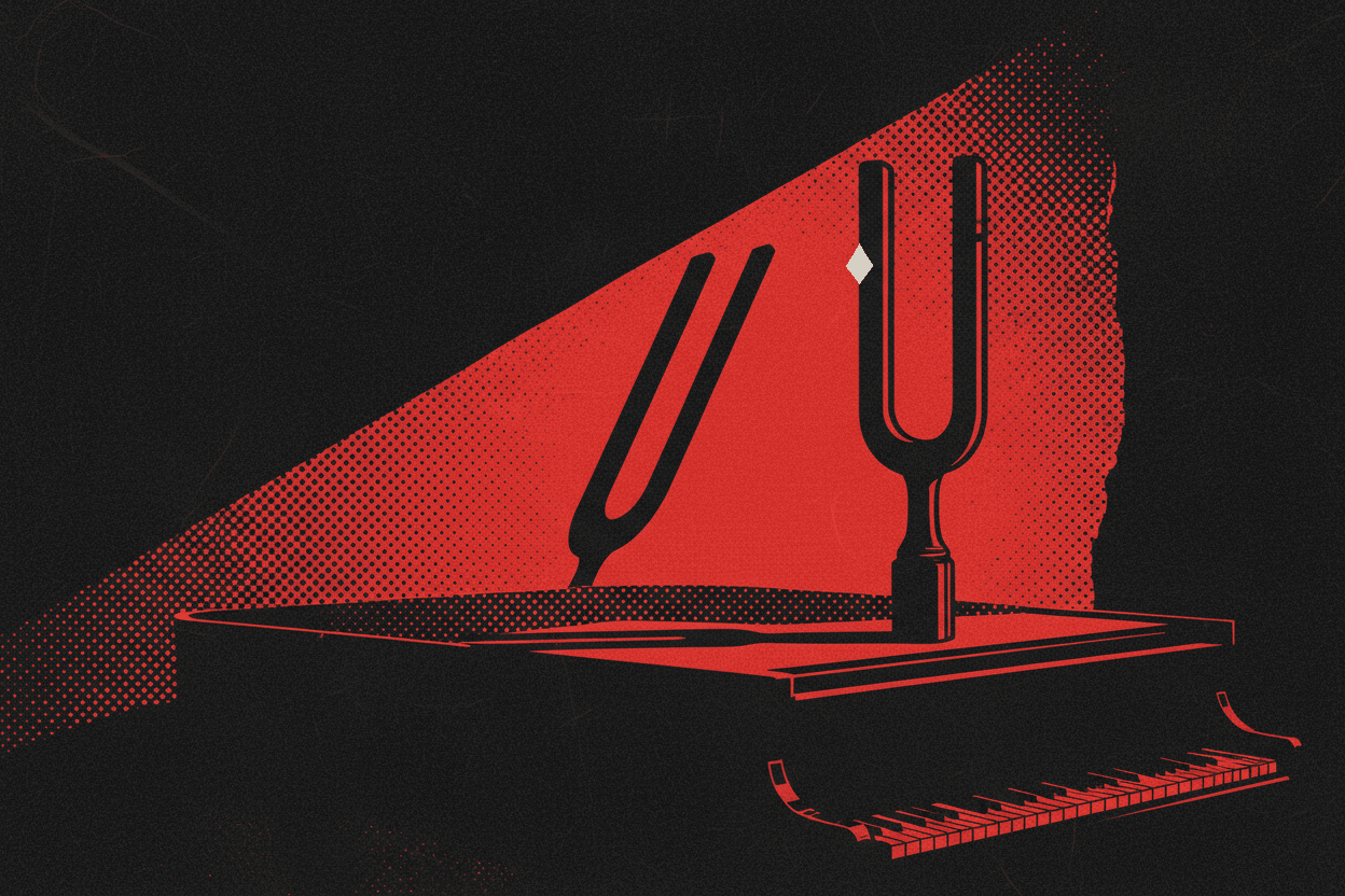 Red and black halftone illustration: a tuning fork standing upright on a closed piano lid in a dim room (TheNotificationApp)