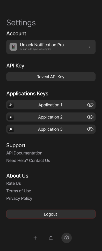 Settings page with API keys and account management